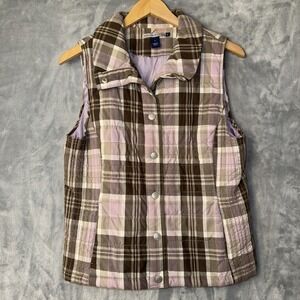 Bandolino Vest Women's SZ Med Lavender Quilted Pockets Woven Fabric Snap Closure